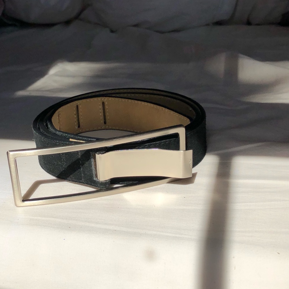 Black suede DKNY belt w/ silver rectangular buckle